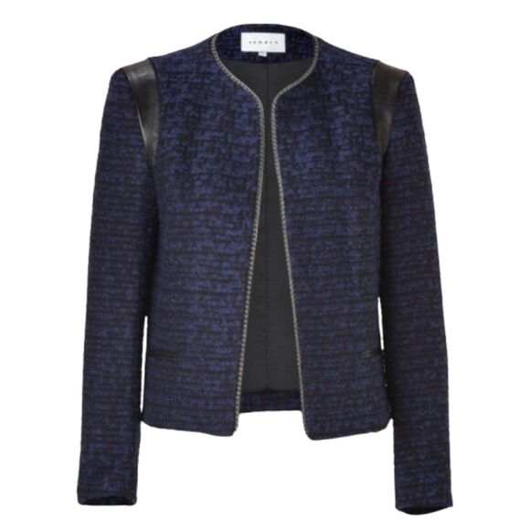 Sandro Paris Wool & Leather Blue Marine Black Knit Jacket w/ Chain Size 36 /US 4 - Picture 1 of 8
